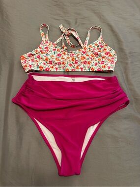 SHEIN Floral Print Crop Bikini Top & Magenta High-Waist Bottoms